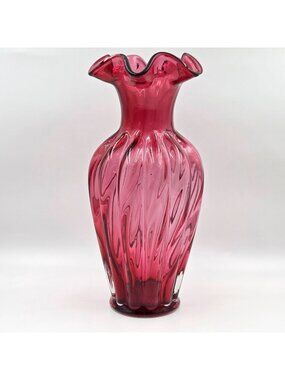 Fenton Country Cranberry Glass Vase Crimped Rim Pink Art Glass